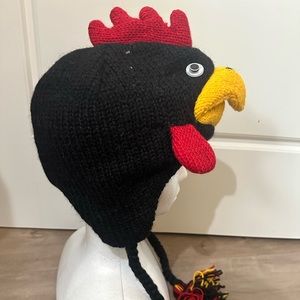 100% wool handmade black rooster beanie